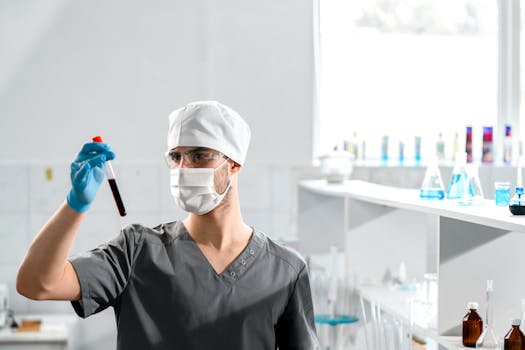 A medical professional analyzing a blood sample in a bright laboratory setting.